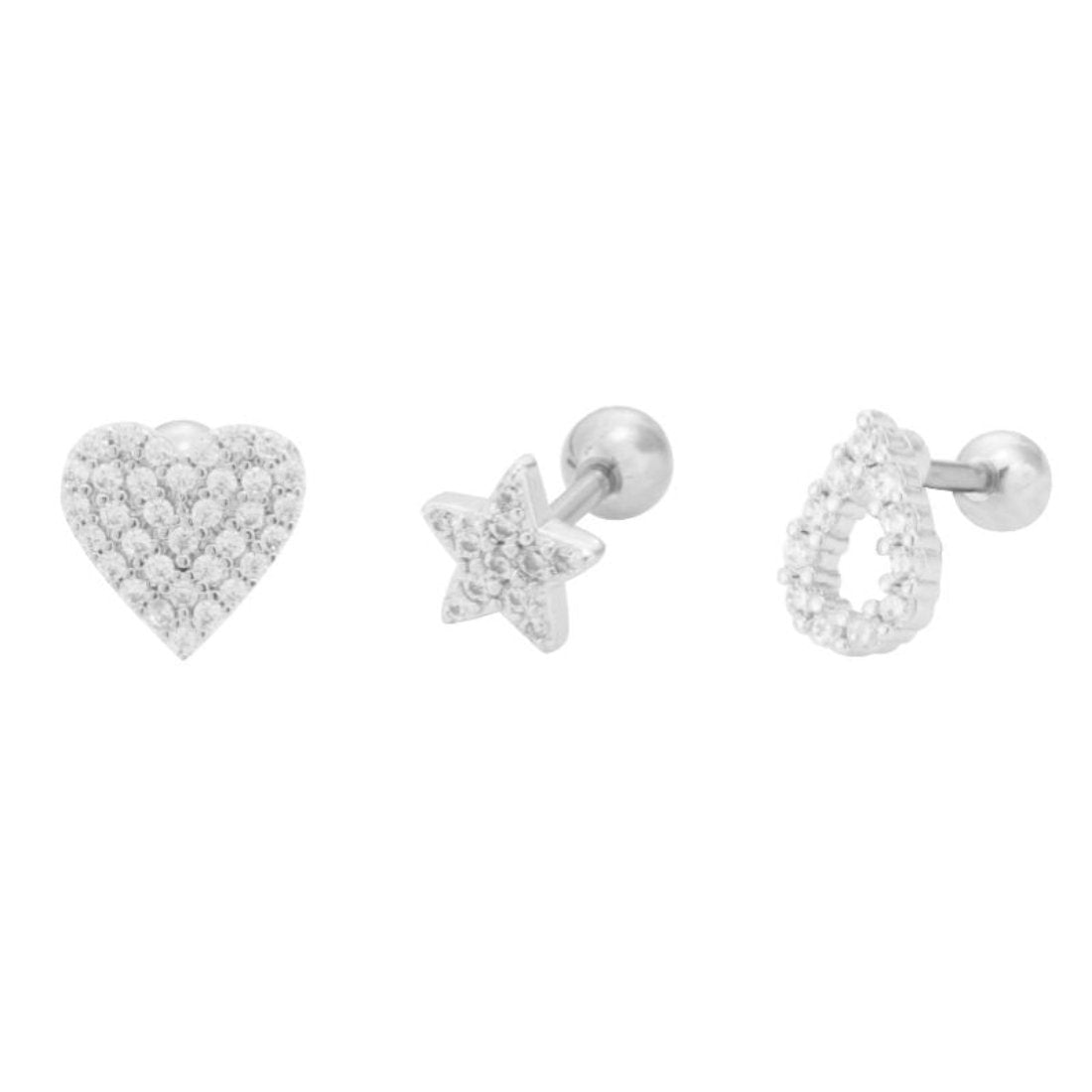 Trio de Piercing Coração Gota Estrela Luna